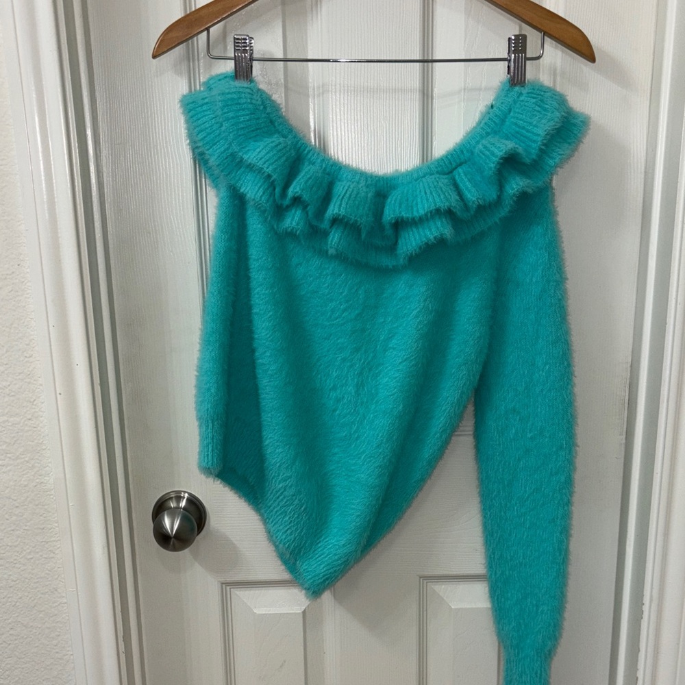 DO+BE Off-Shoulder Turquoise Sweater